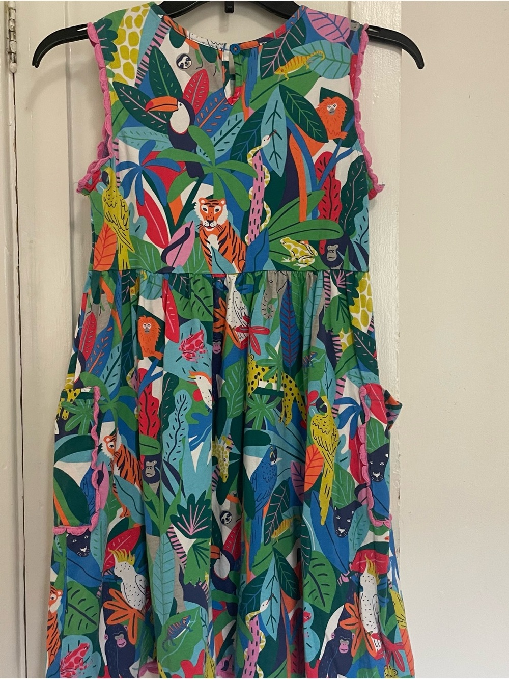 Mini Boden Teal Jungle Animal Jersey pocket dress with pink scalloped trim 11-12 - Picture 8 of 8